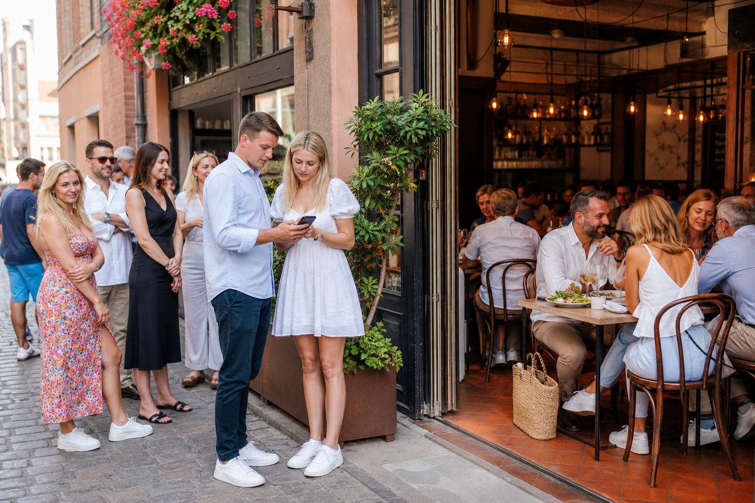 Klienci wybierają gdańską restaurację, sprawdzając rezerwację w telefonie.