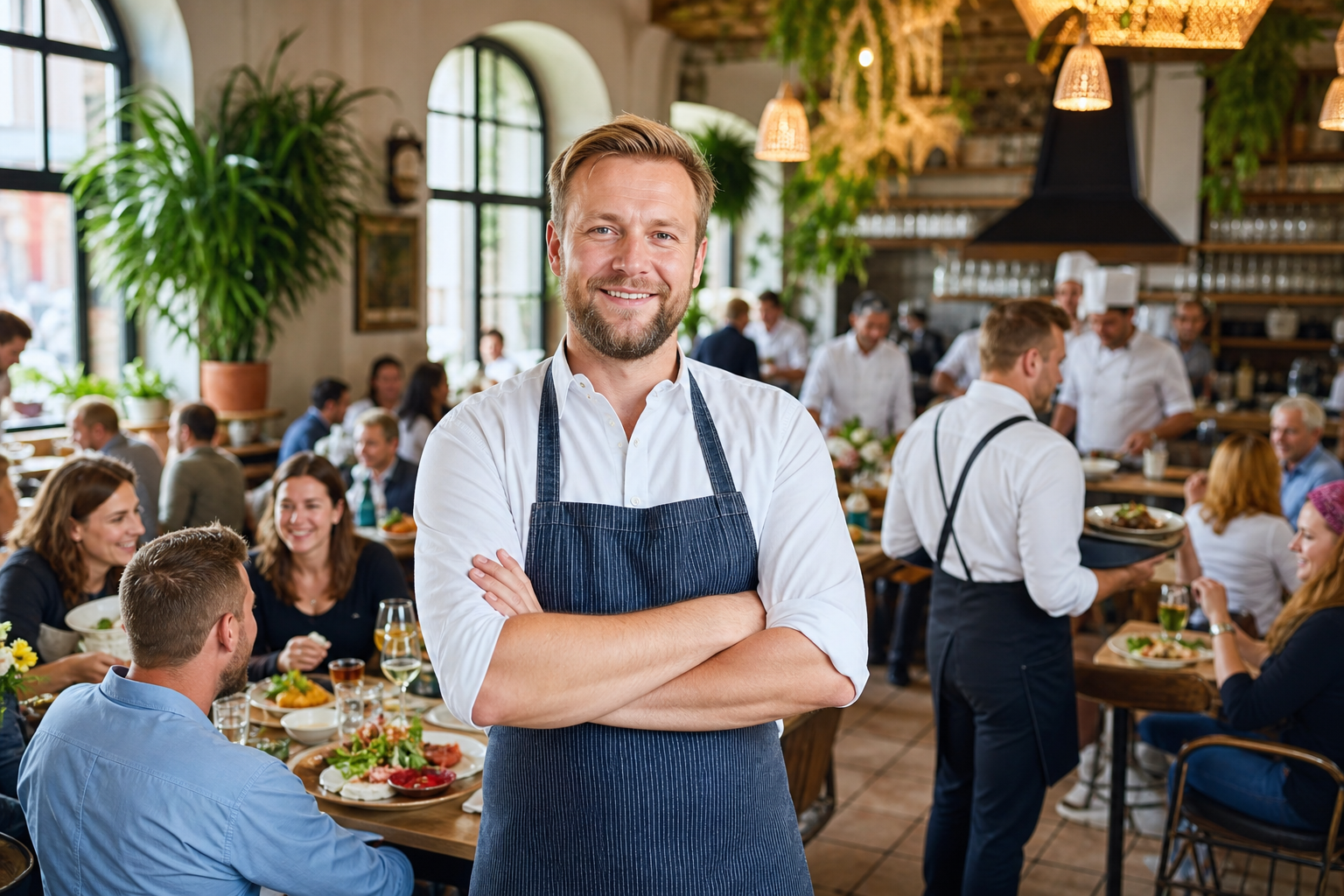 Dumny właściciel w pełnej restauracji w Gdańsku świętuje sukces lokalu.