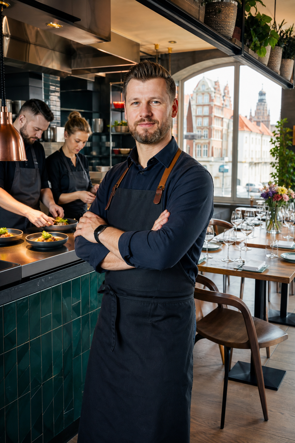 Pewny siebie właściciel restauracji w Gdańsku w swoim lokalu.
