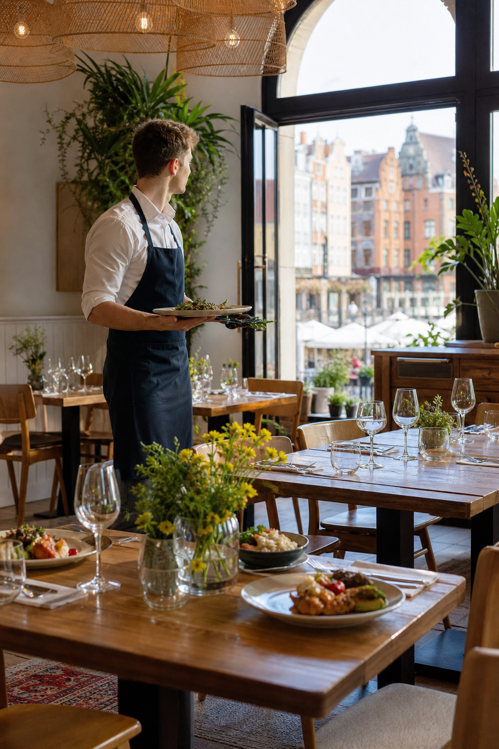 Ładna gdańska restauracja w spokojnej chwili z przygotowanymi stolikami.