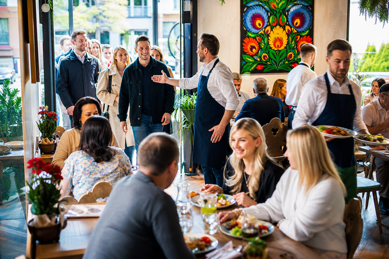 Rozwój restauracji pokazany przez napływ gości i zadowolonego właściciela.