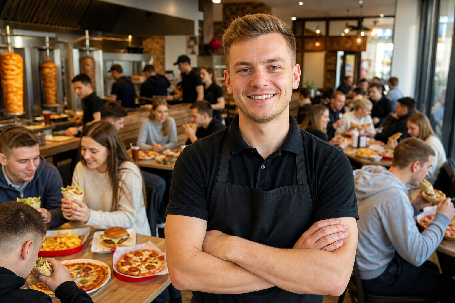 Dumny właściciel w pełnym lokalu fast food w Rzeszowie.