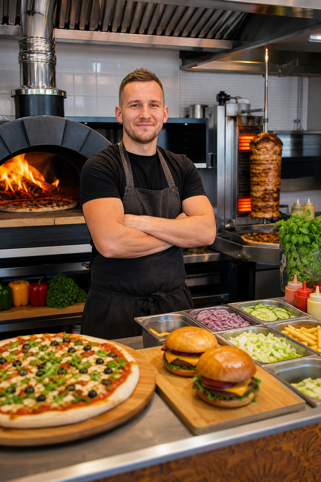 Właściciel lokalu z pizzą, kebabem i burgerami w swoim miejscu pracy.
