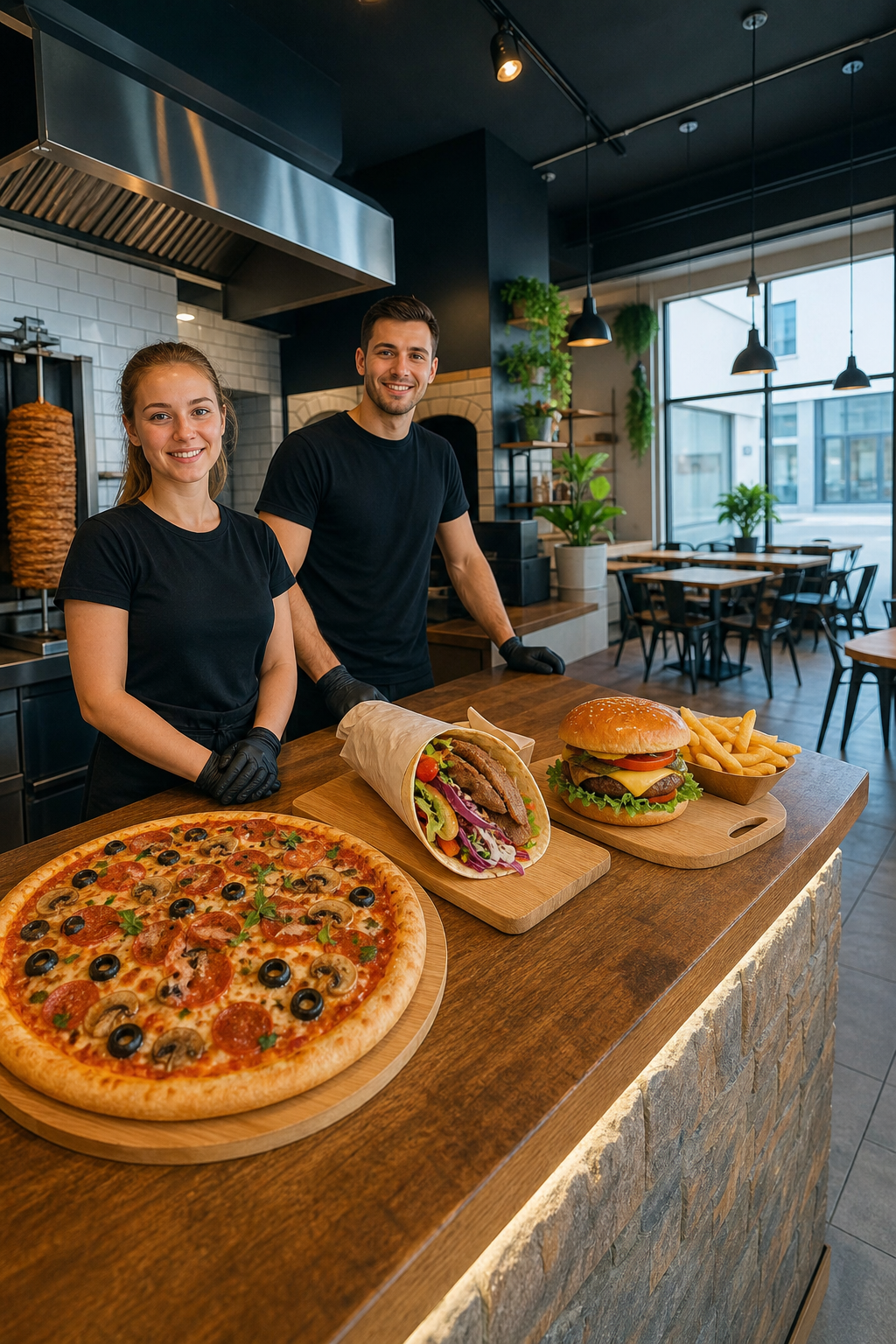 Ładny lokal fast food w spokojnym momencie, gotowy na klientów.