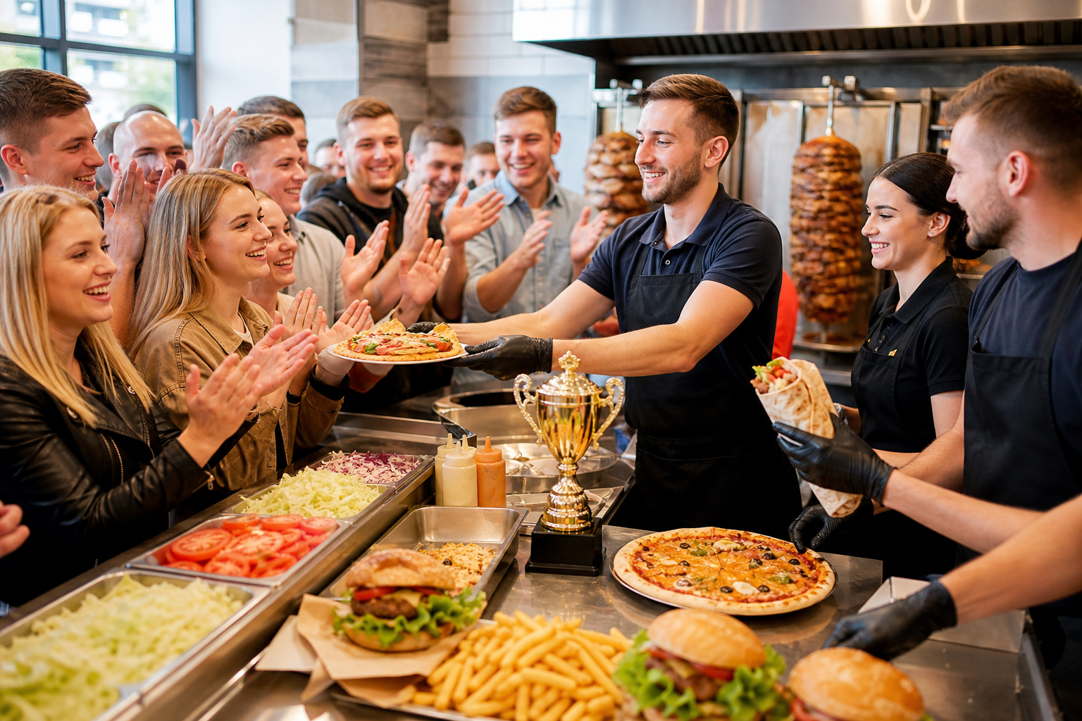 Ruchliwy lokal fast food w Rzeszowie z symbolem zwycięstwa.
