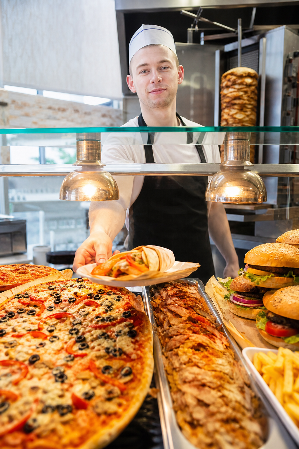 Pizza, kebab i burgery gotowe, by przyciągnąć klientów.