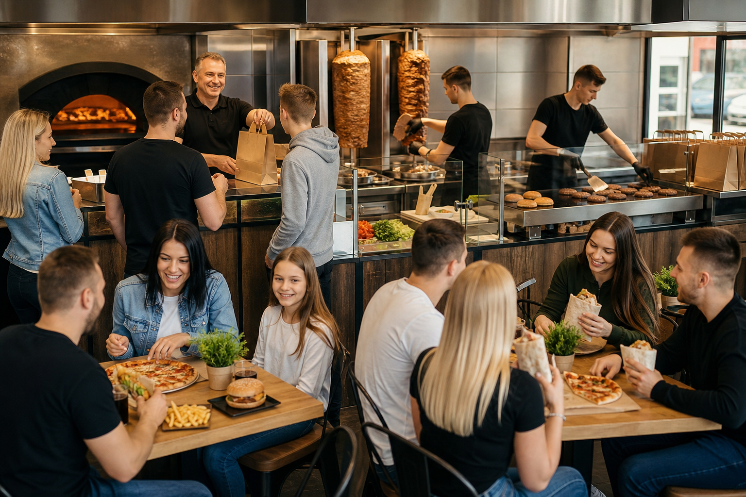 Rosnący ruch klientów w lokalu z pizzą, kebabem i burgerami.