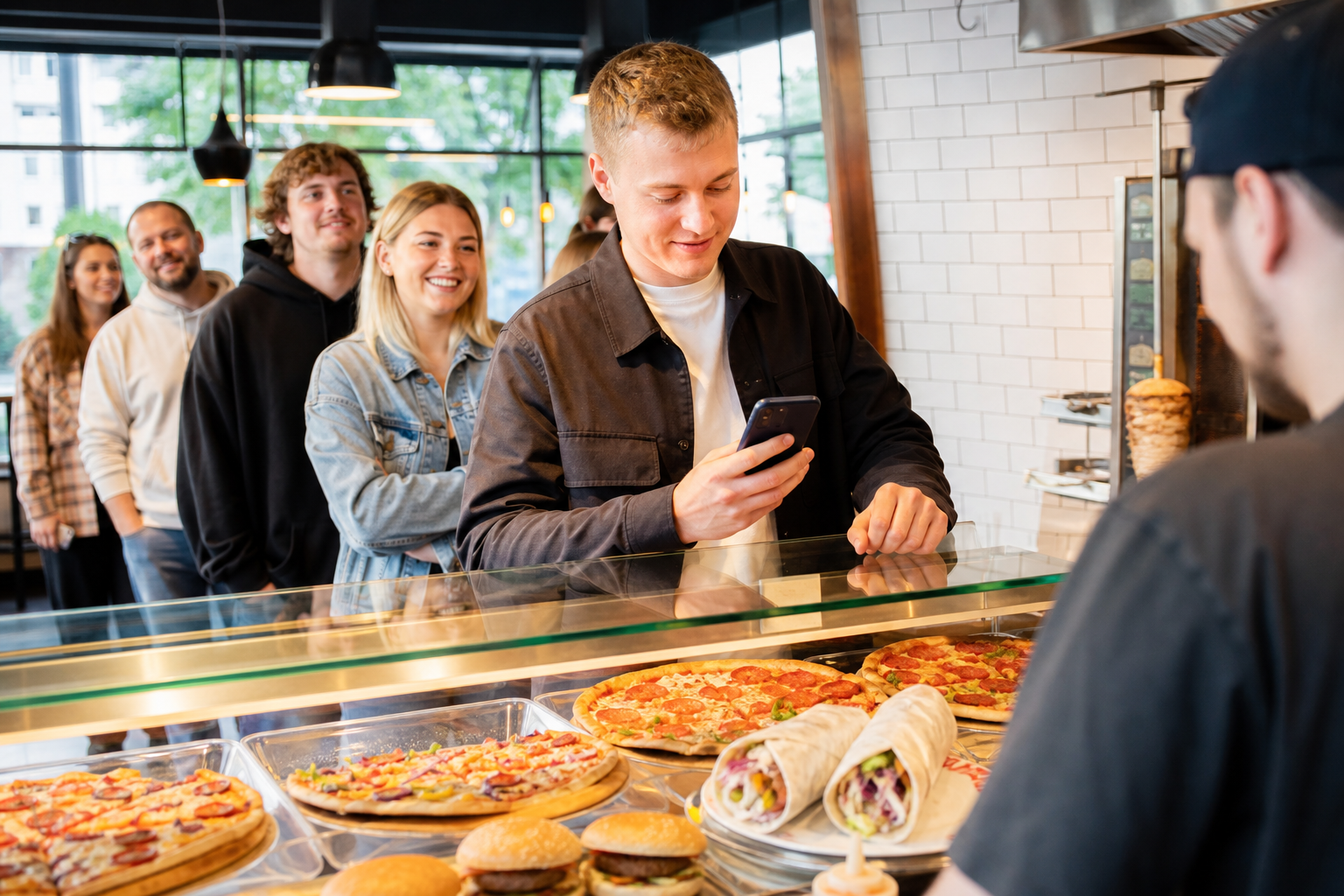 Klient w Gdańsku wybiera popularny lokal z pizzą, kebabem i burgerami przez telefon.