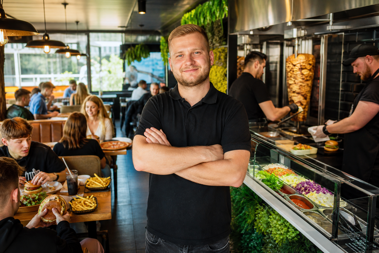 Dumny właściciel w pełnym gości lokalu z pizzą, kebabem i burgerami w Gdańsku.