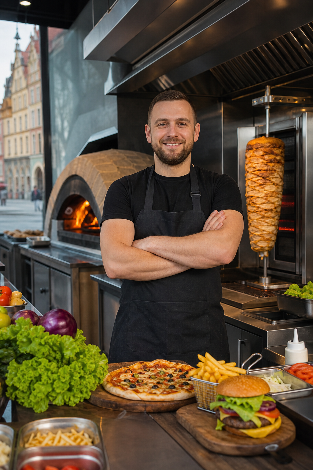 Pewny siebie właściciel lokalu z pizzą, kebabem i burgerami w Gdańsku.