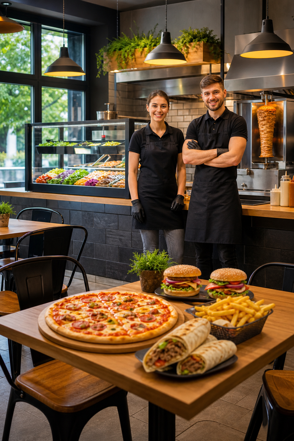 Schludny lokal fast food w spokojnym momencie, gotowy na więcej klientów.