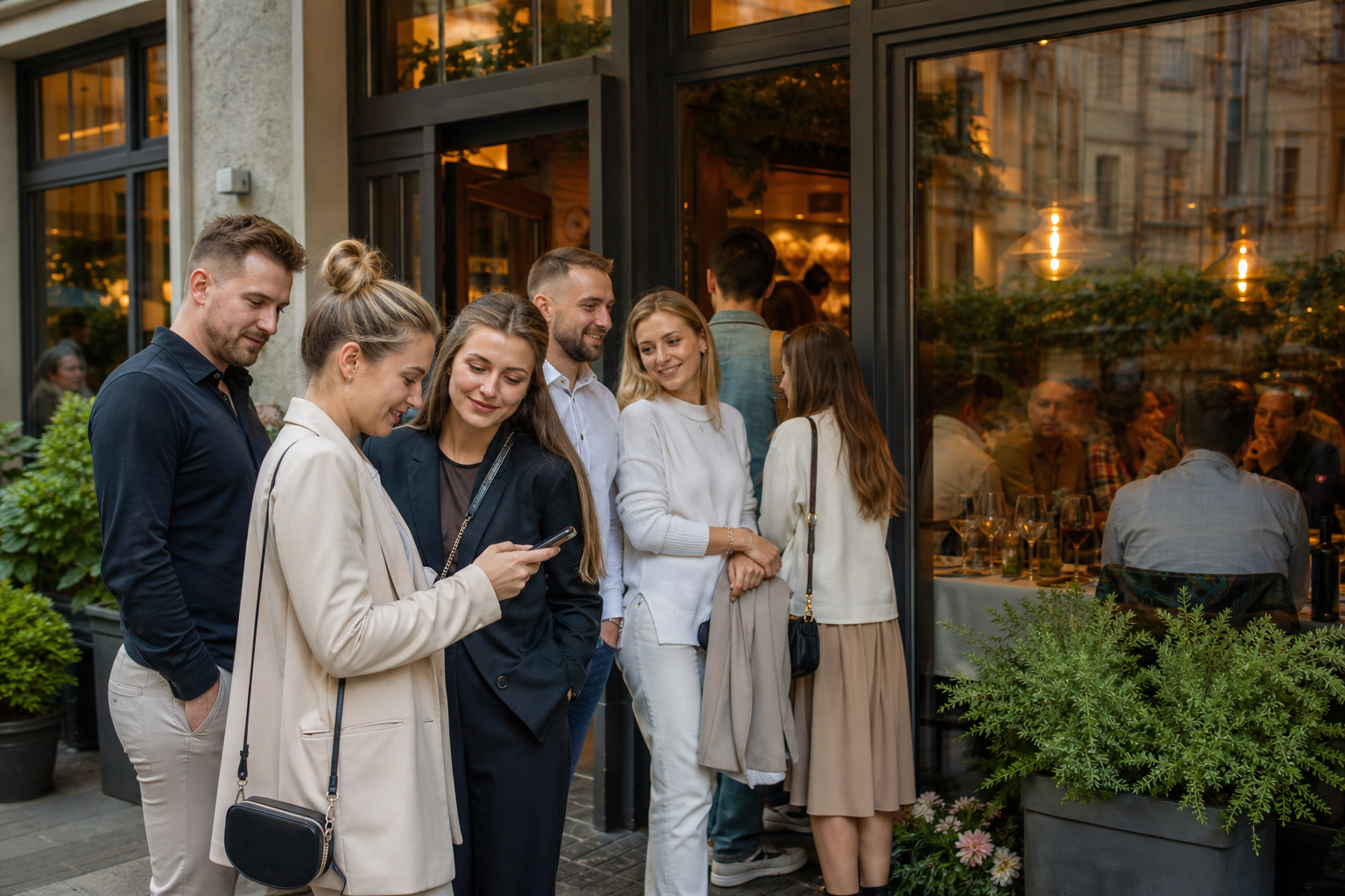 Klienci wybierają popularną restaurację we Wrocławiu, patrząc w telefon.