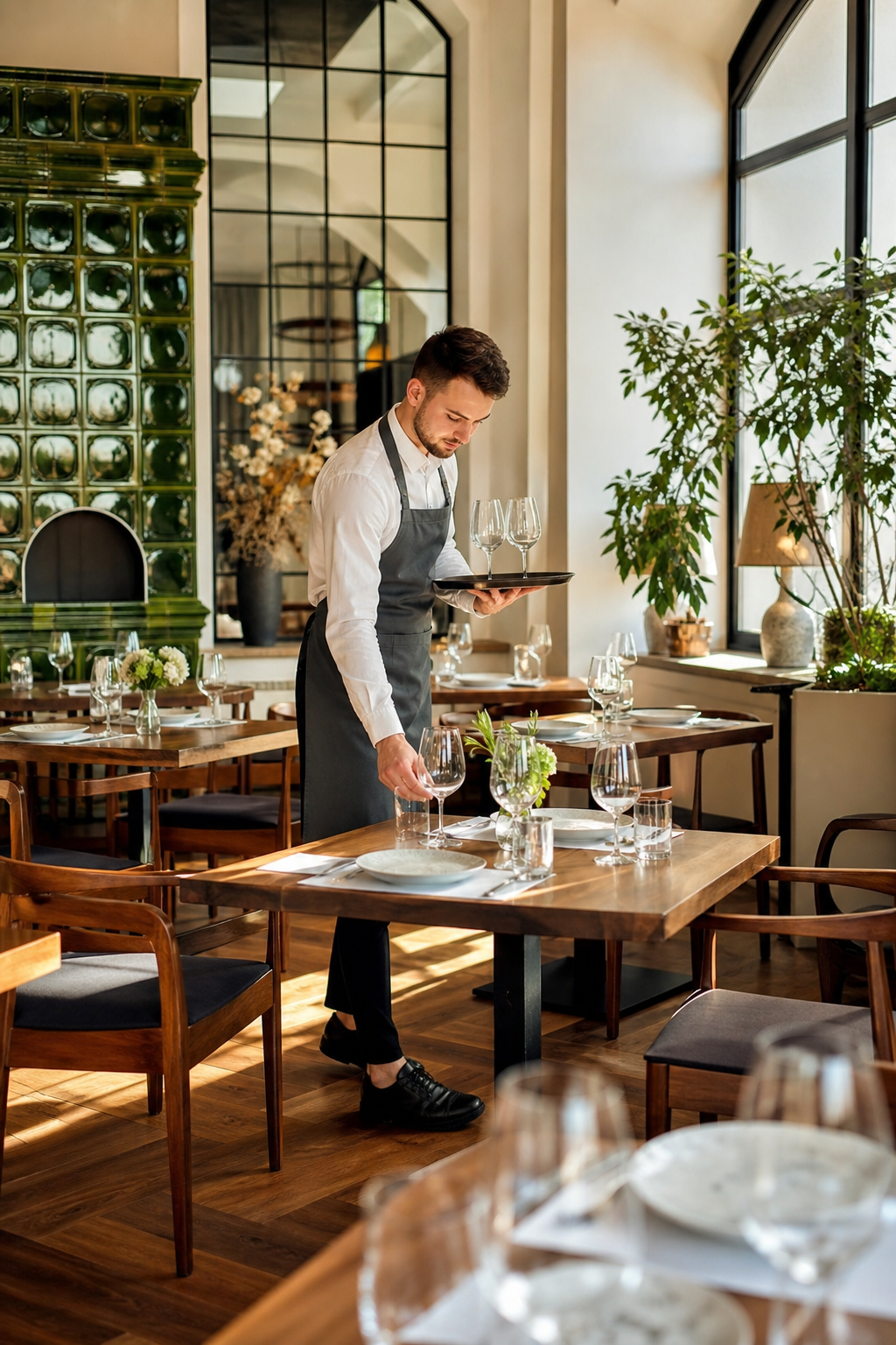 Ładna restauracja w spokojnym momencie, z przygotowanymi stolikami.
