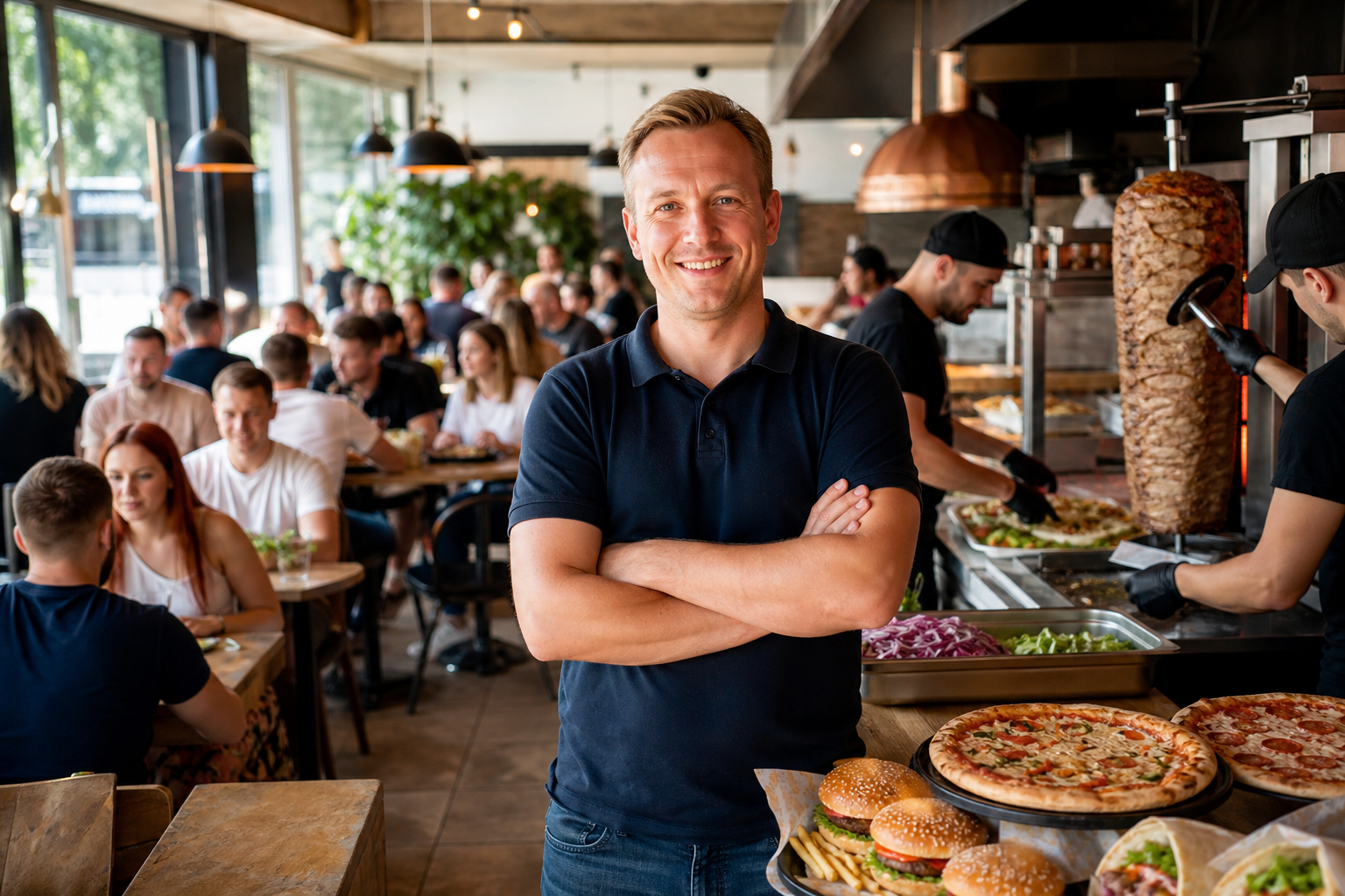 Dumny właściciel w pełnym, odnoszącym sukces lokalu fast food we Wrocławiu.