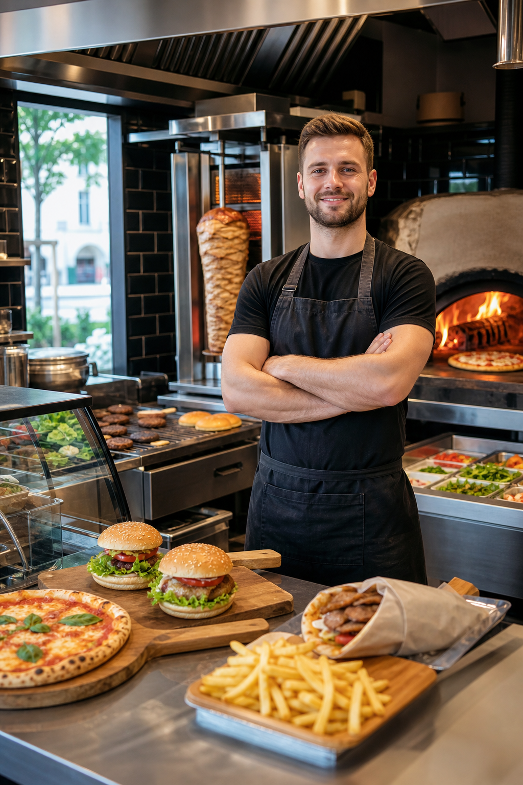 Pewny siebie właściciel lokalu z pizzą, kebabem i burgerami.