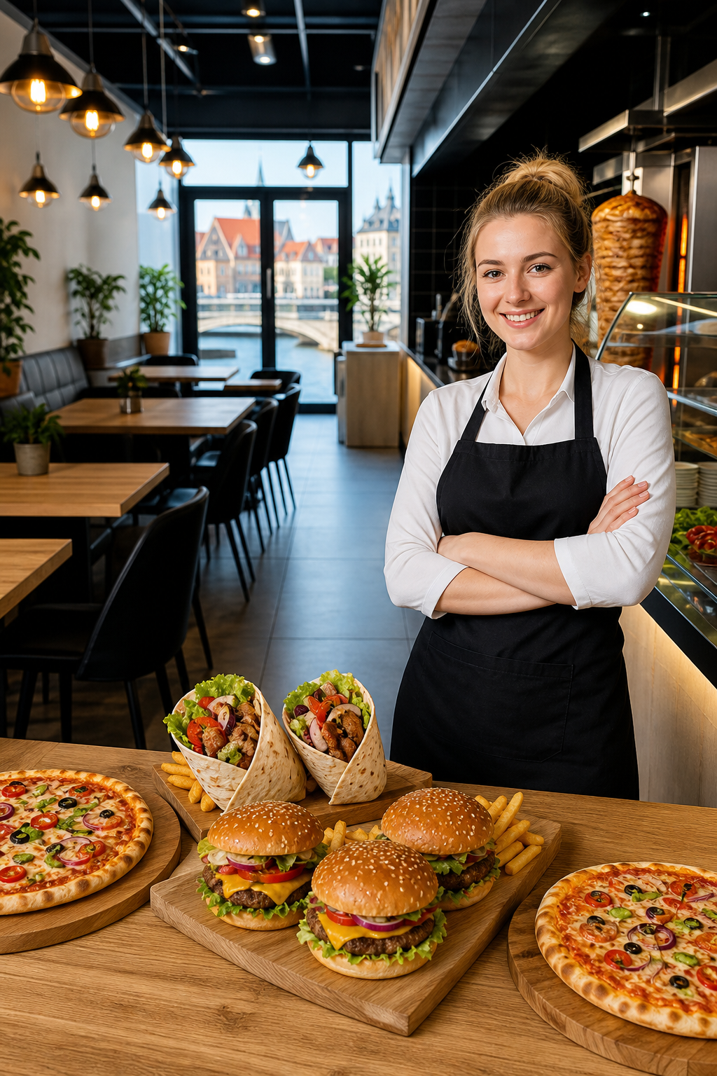 Schludny lokal fast food w spokojnym momencie, gotowy na klientów.