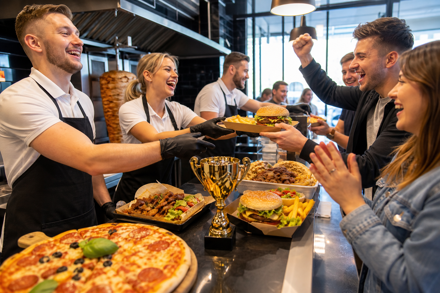 Ruchliwy lokal fast food z symbolem zwycięstwa i wieloma zamówieniami.