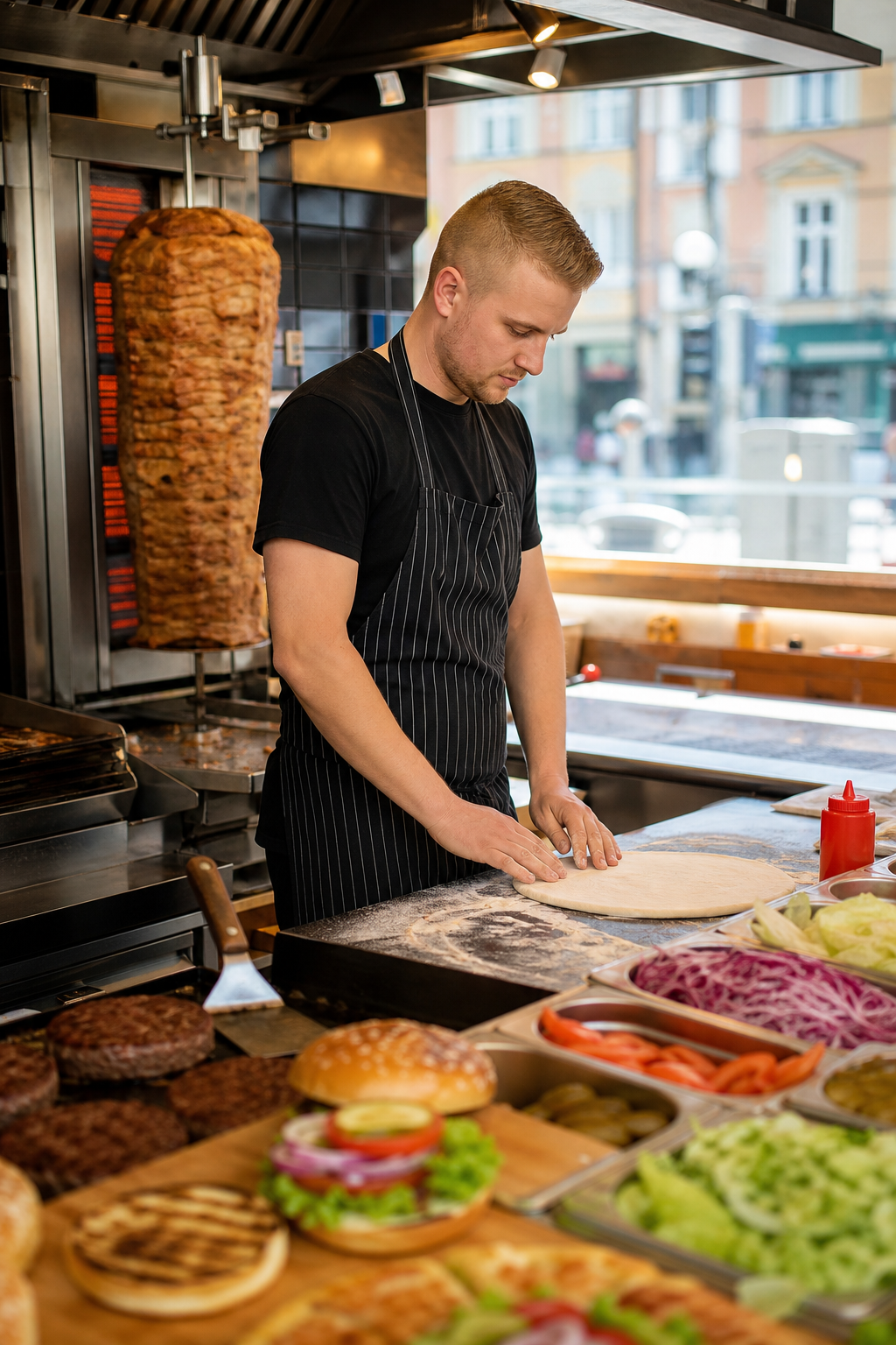 Świeże składniki pizzy, kebaba i burgerów gotowe przyciągnąć klientów.