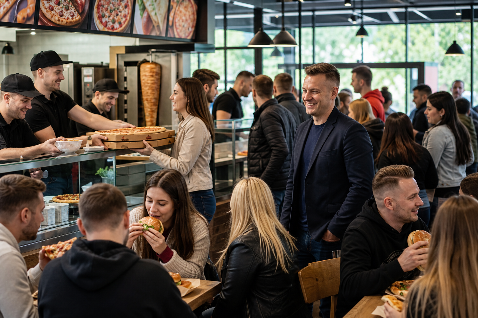 Wzrost lokalu fast food widoczny w większym ruchu i zadowolonych gościach.
