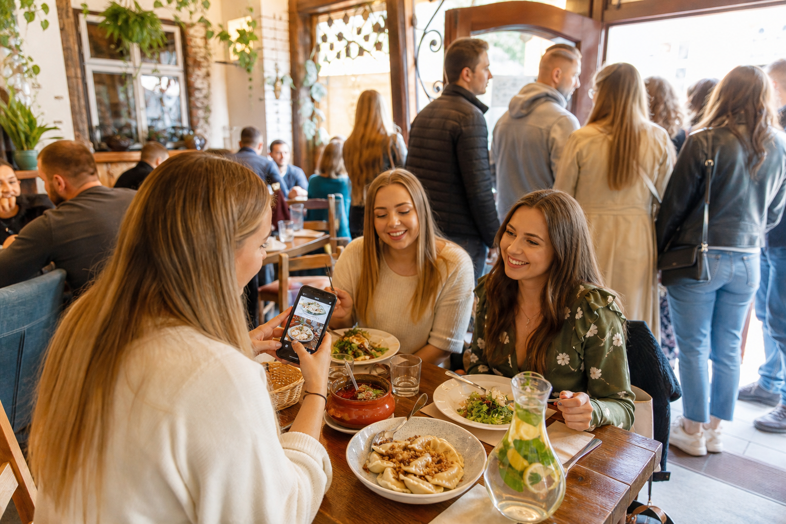 Klient wybiera krakowską restaurację na telefonie, lokal jest pełny gości.