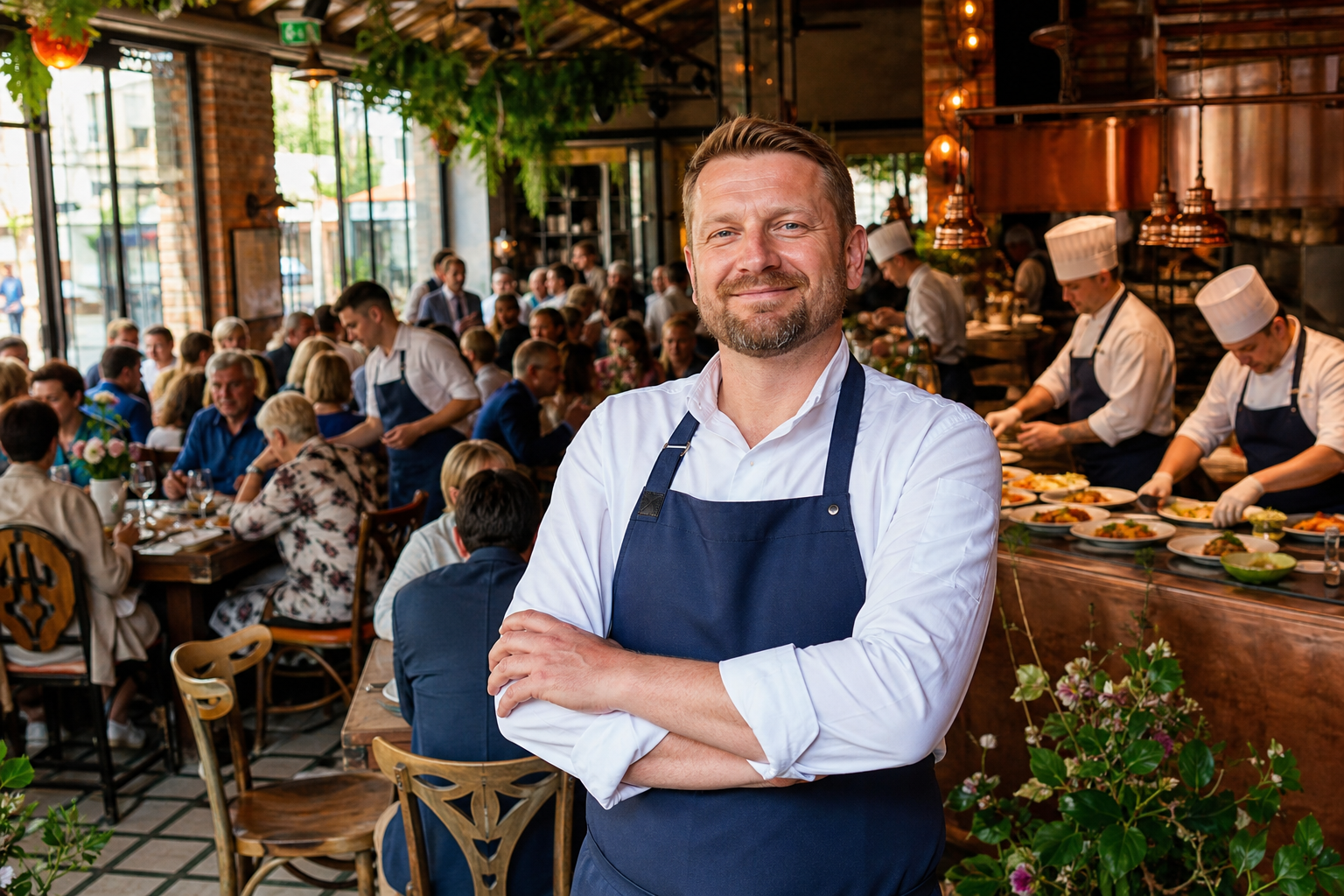 Dumny właściciel w pełnej krakowskiej restauracji świętuje sukces lokalu.