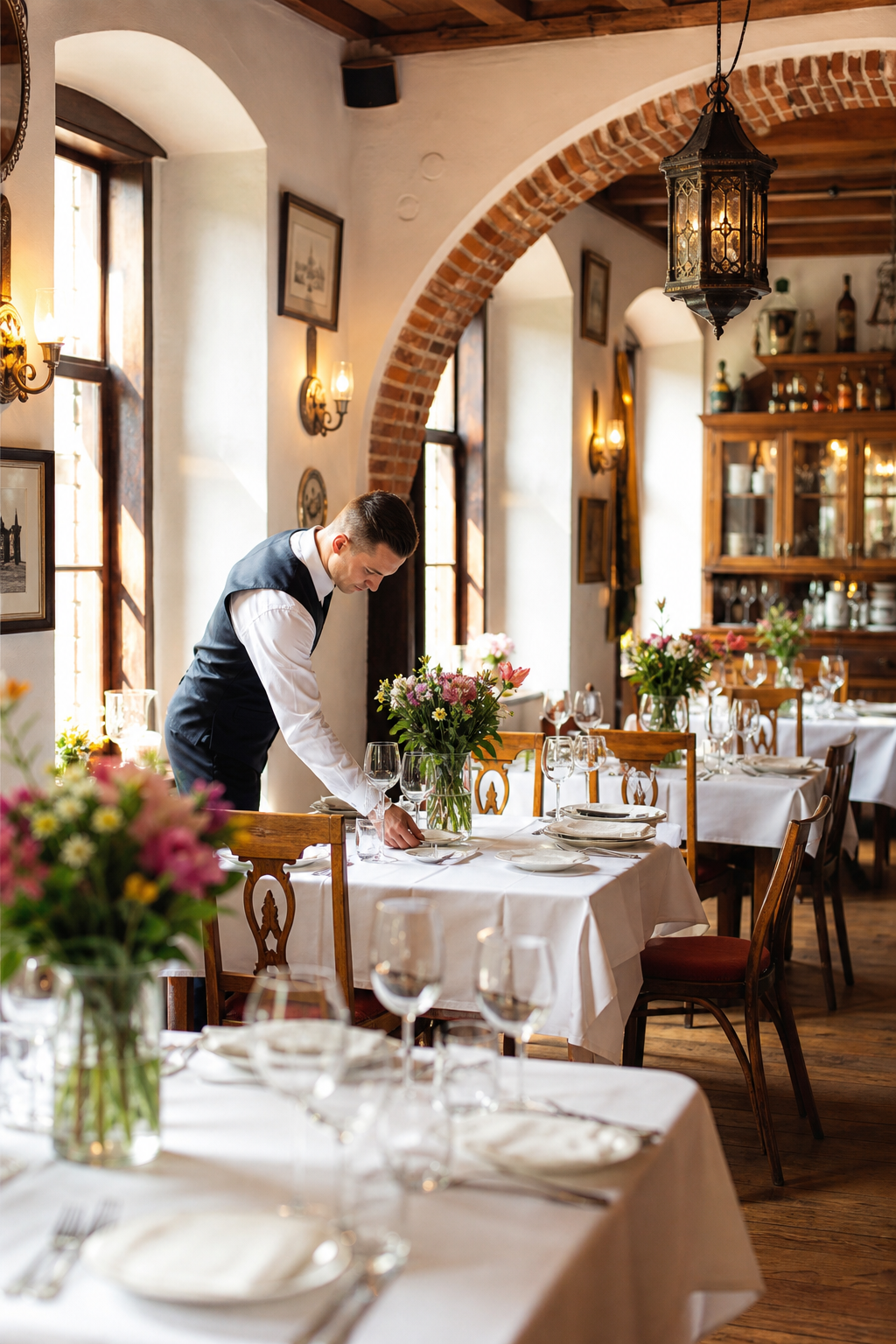 Ładna krakowska restauracja w spokojnym momencie, gotowa na więcej gości.