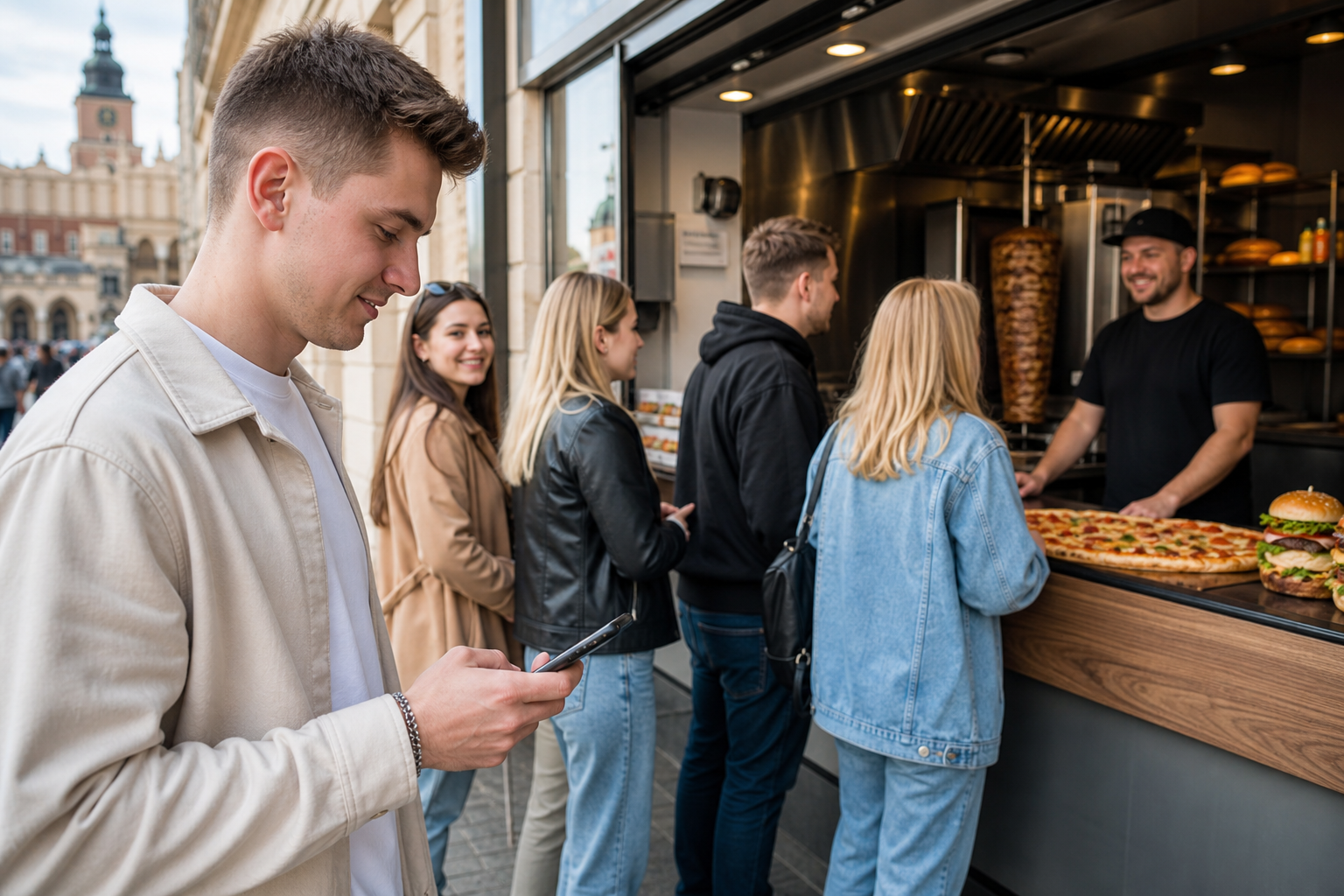Klient wybiera krakowski fast food w telefonie, przed lokalem czeka kolejka.