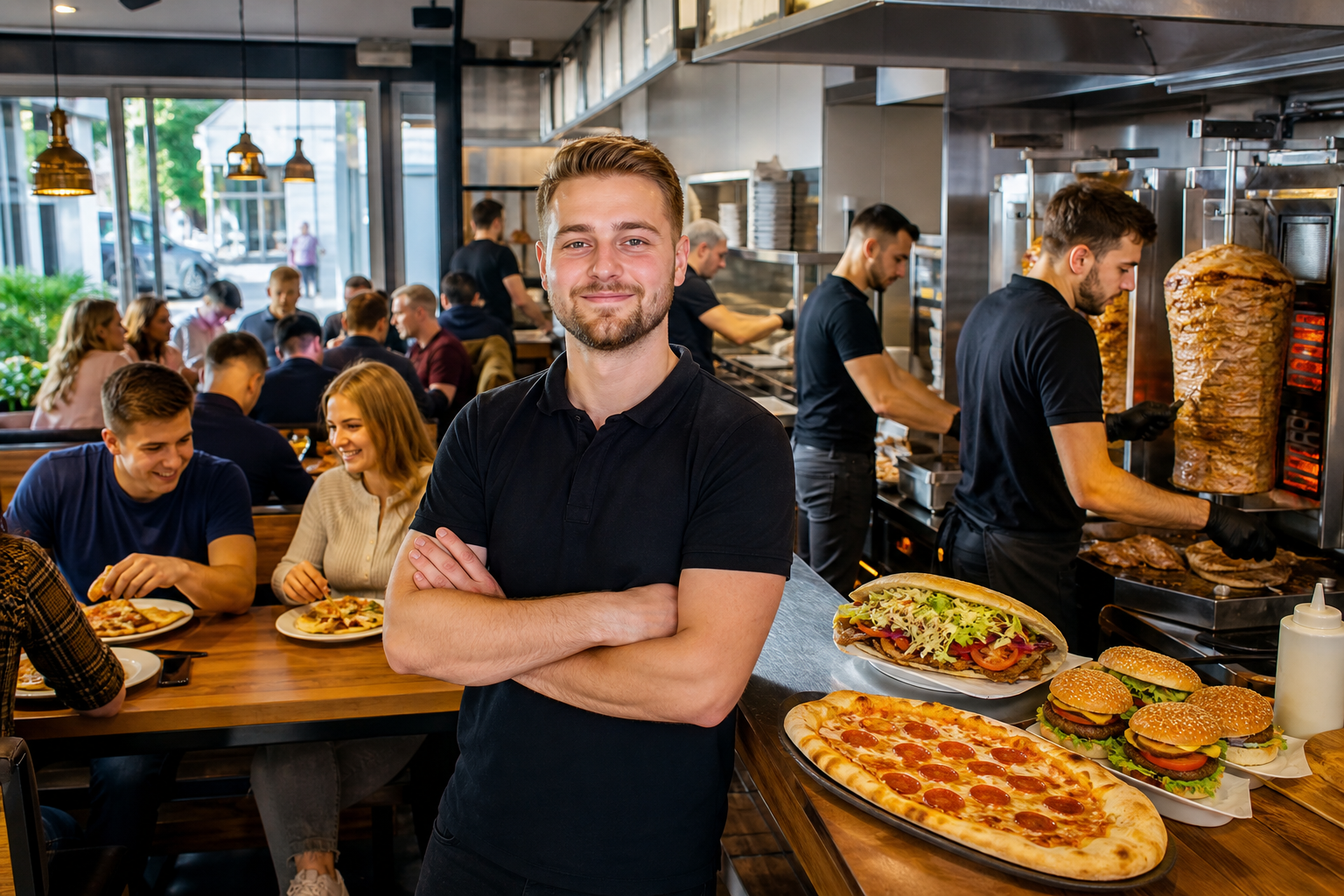 Dumny właściciel w pełnym sukcesu krakowskim lokalu fast food.