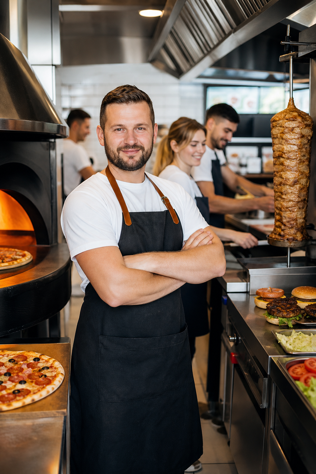 Pewny siebie właściciel lokalu z pizzą, kebabem i burgerami.