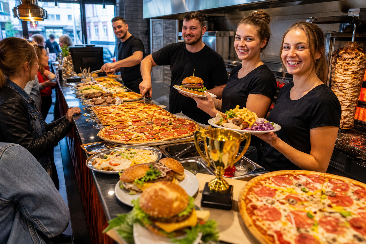 Ruchliwy lokal fast food w Krakowie z symbolem zwycięstwa na ladzie.