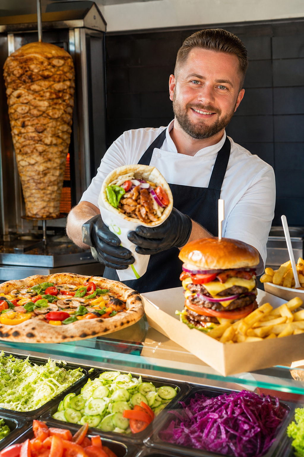 Gotowe dania fast food czekają, by przyciągnąć klientów.
