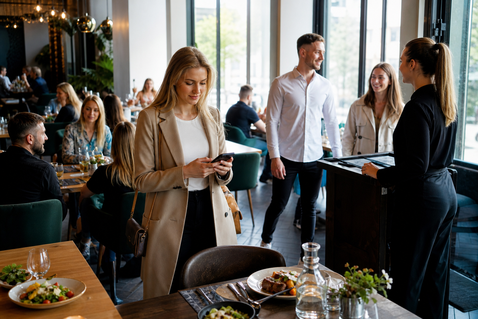 Klientka wybiera restaurację w telefonie, a goście wchodzą do popularnego lokalu.