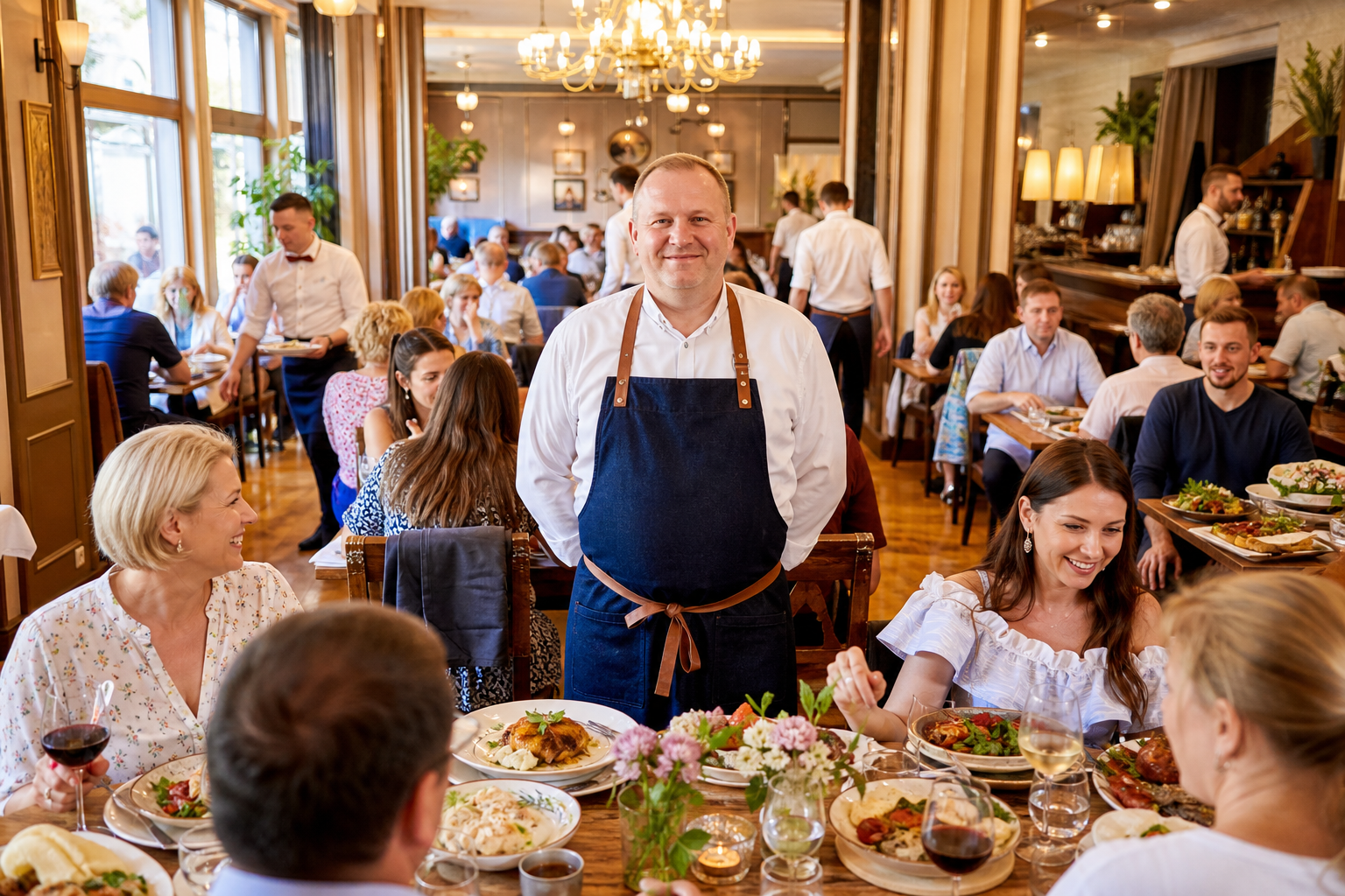Dumny właściciel stoi w pełnej, odnoszącej sukces restauracji w Poznaniu.