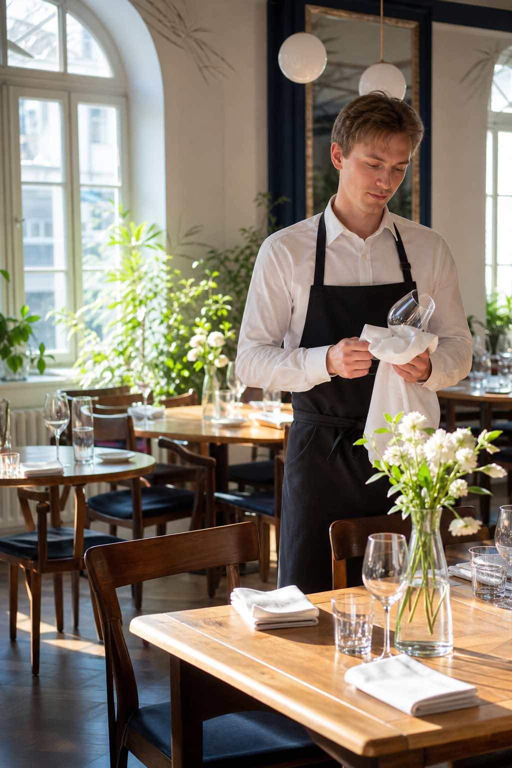 Ładna restauracja w spokojnym momencie z pustymi, elegancko nakrytymi stolikami.