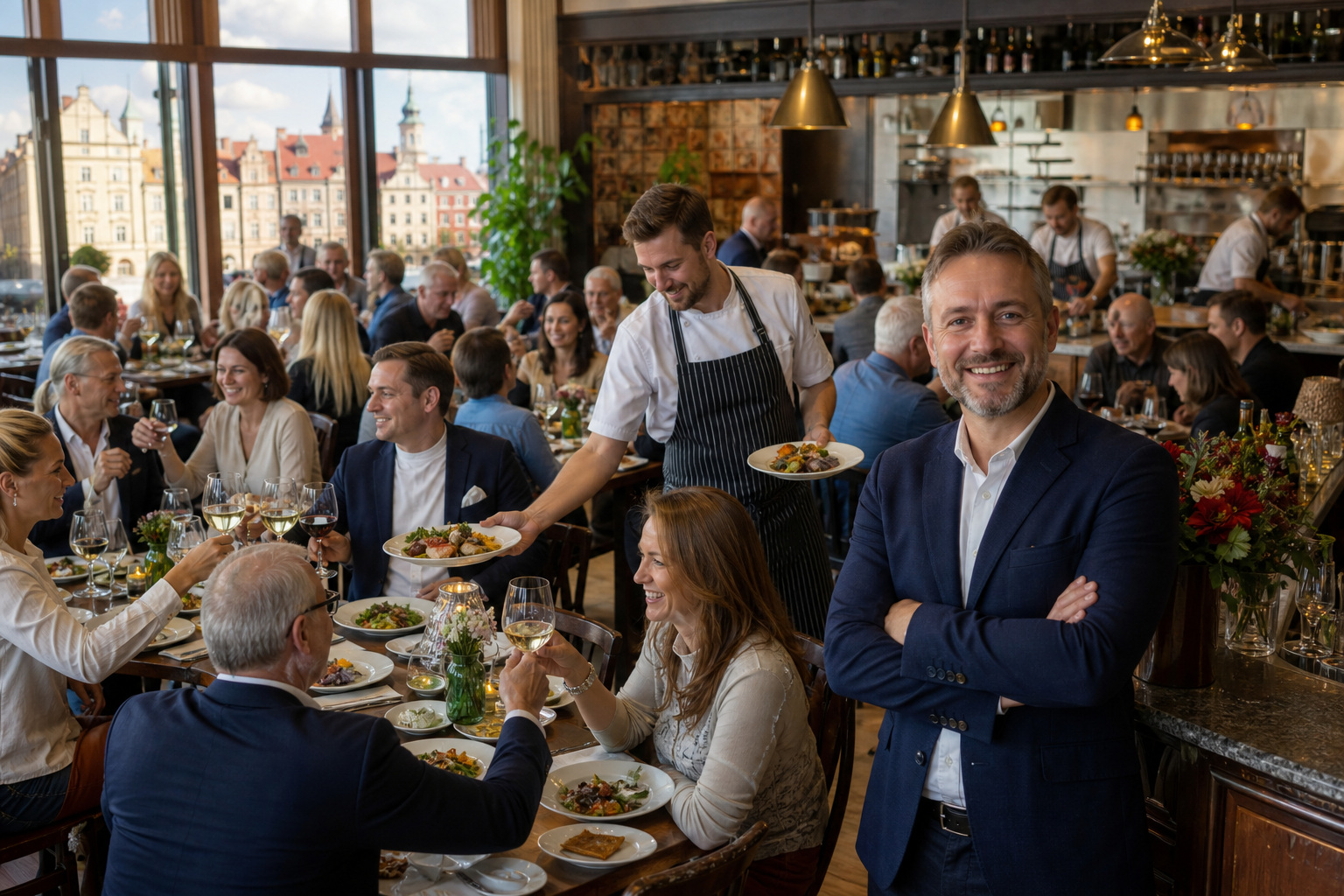 Tętniąca ruchem restauracja z kompletem gości jako symbol wysokiej pozycji.