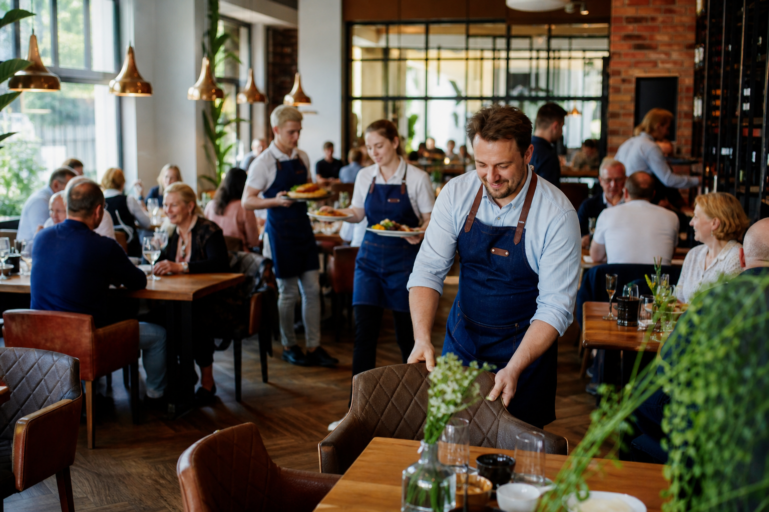 Rozwój restauracji pokazany przez napływ gości i zadowolonego właściciela.