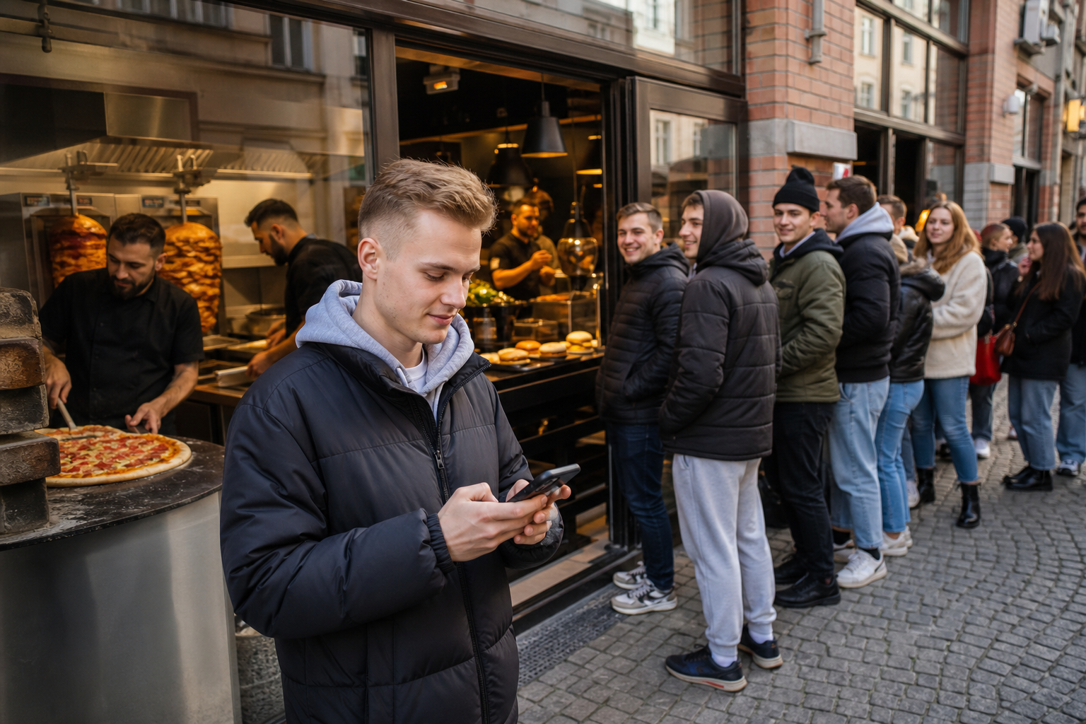 Klient wybiera popularny lokal fast food w Poznaniu na telefonie.