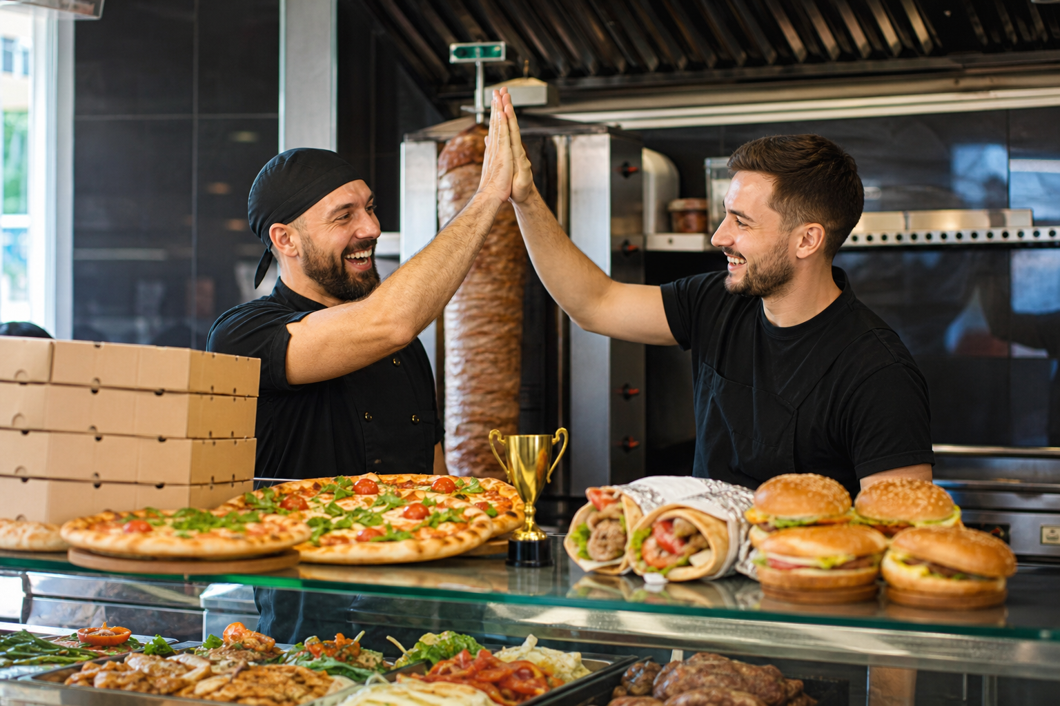 Ruchliwy lokal z symbolem zwycięstwa przy pizzy, kebabach i burgerach.