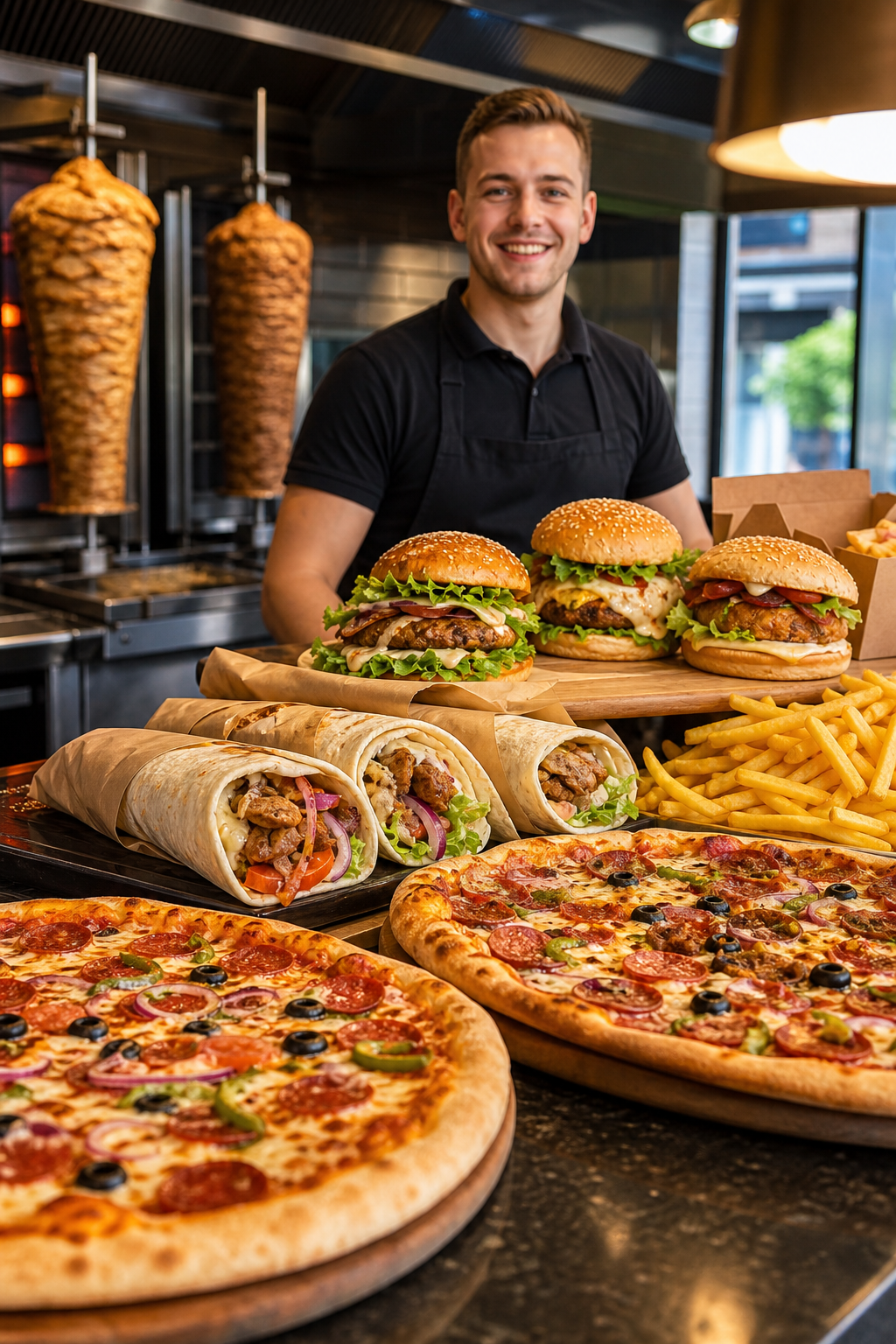 Apetyczne pizza, kebab i burgery gotowe przyciągnąć klientów.