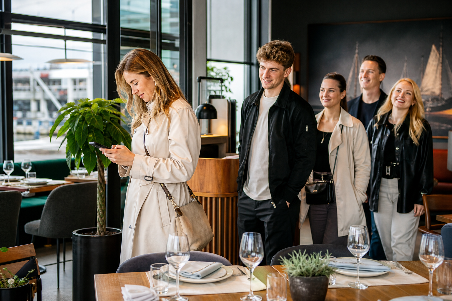 Klient z telefonem wybiera popularną restaurację w Gdyni.