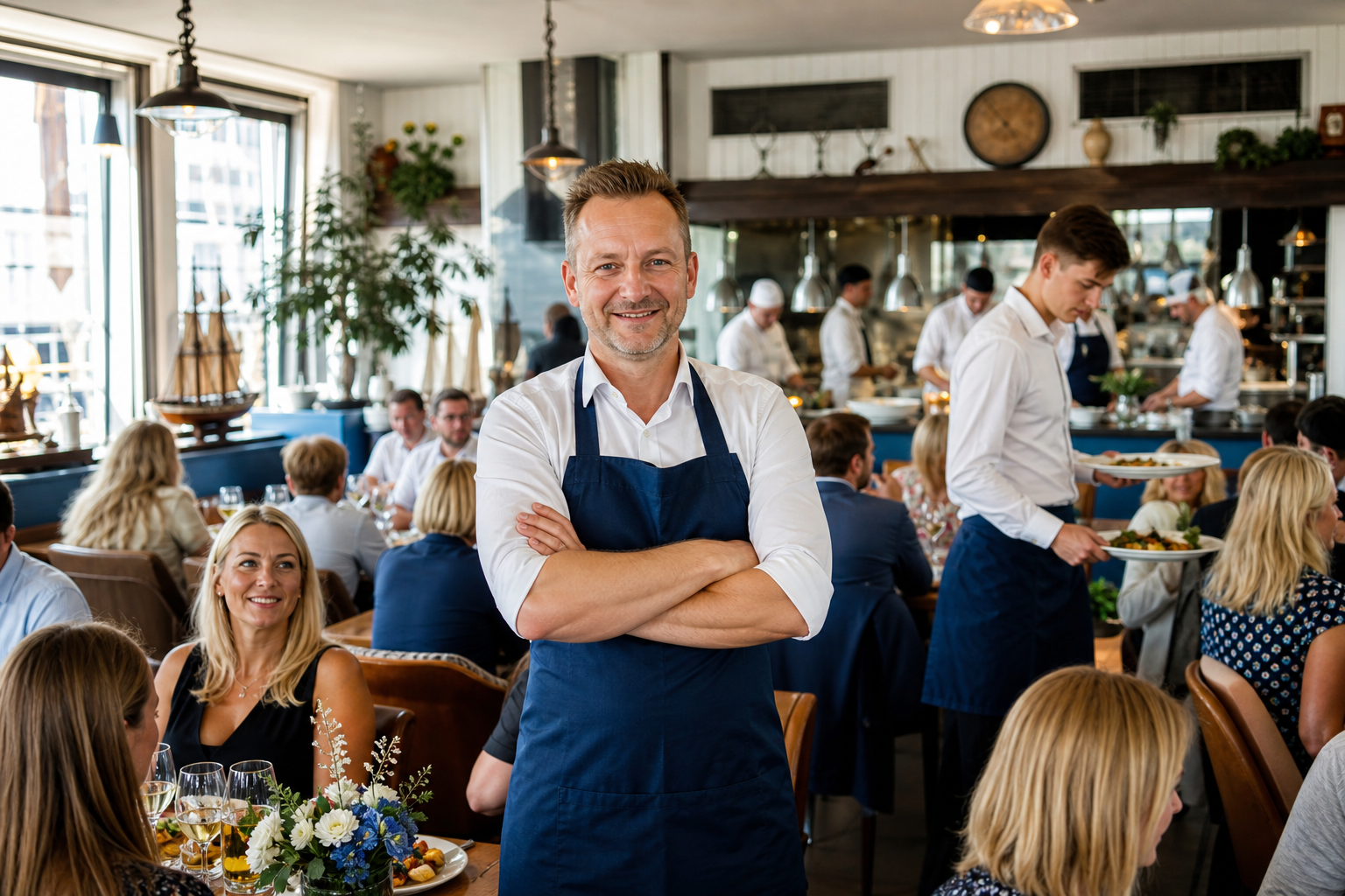 Dumny właściciel w pełnej, odnoszącej sukces restauracji w Gdyni.
