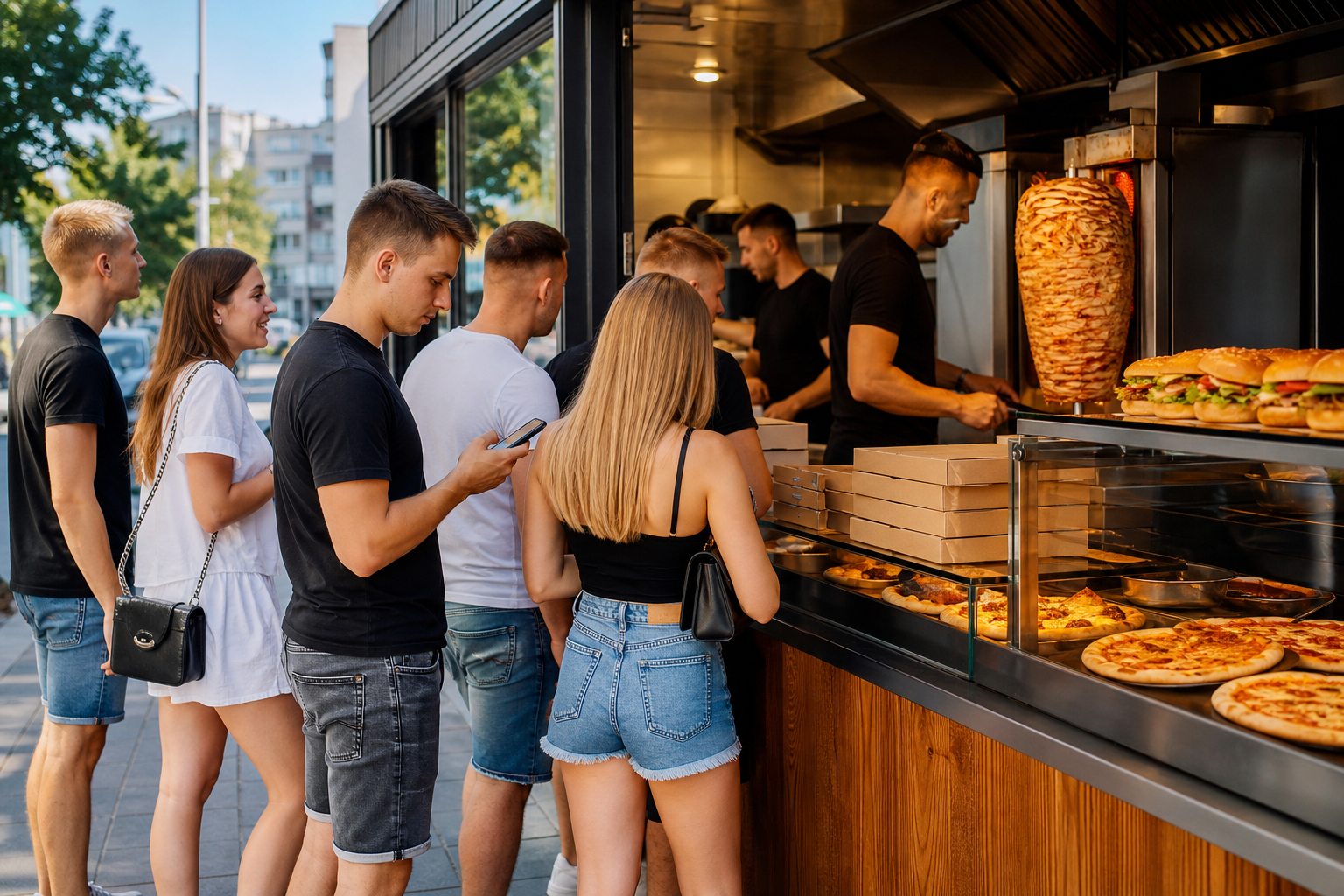 Klienci wybierają popularny lokal fast food w Gdyni, korzystając z telefonu.