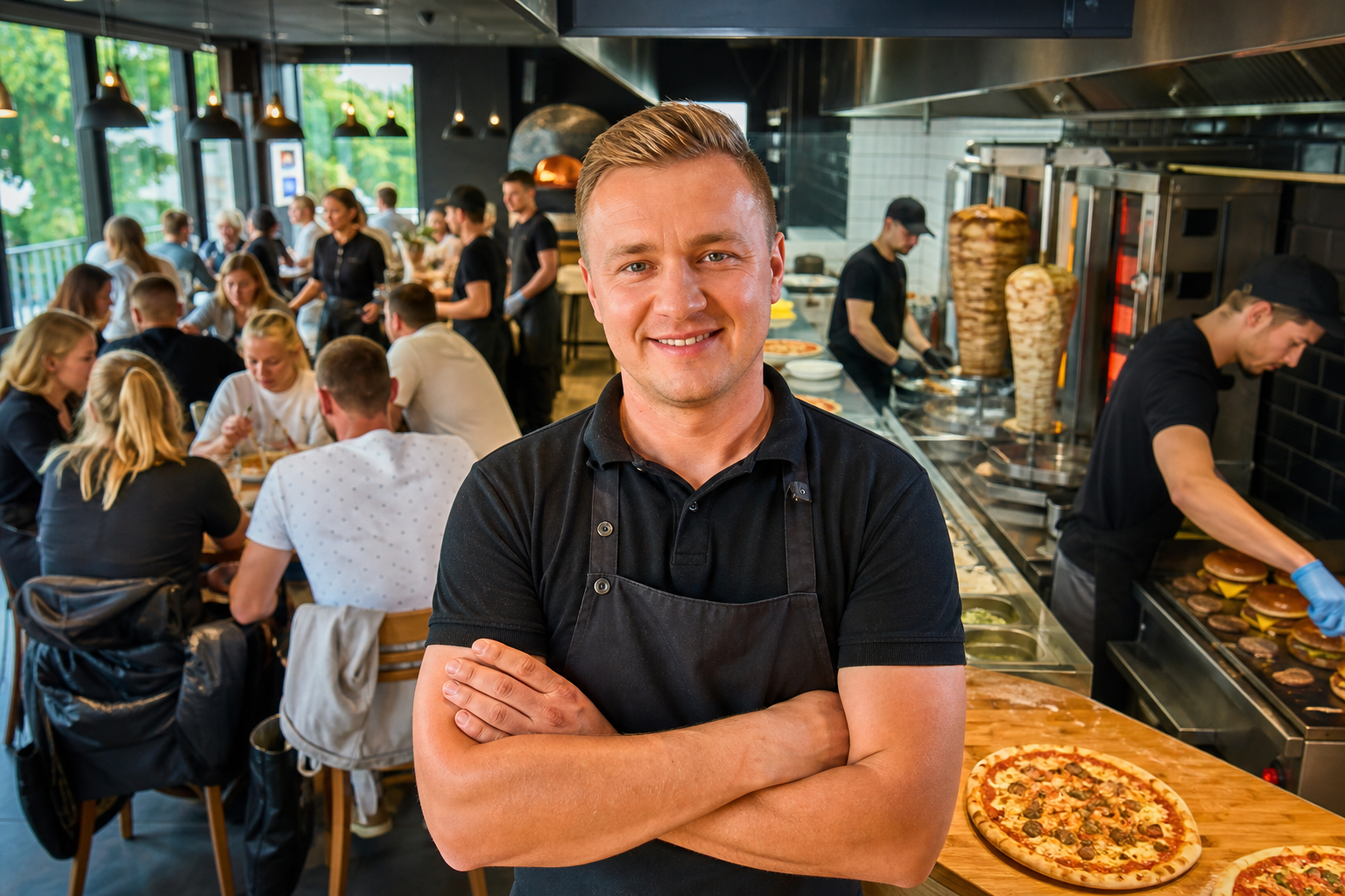 Dumny właściciel w pełnym lokalu z pizzą, kebabem i burgerami w Gdyni.
