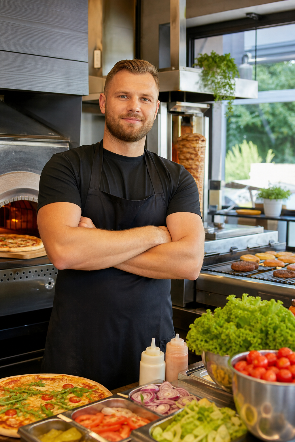 Pewny siebie właściciel lokalu z pizzą, kebabem i burgerami w Gdyni.