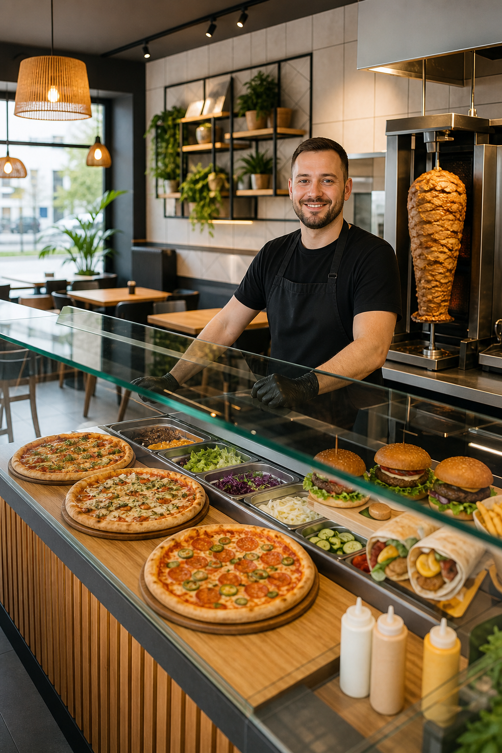 Schludny lokal fast food w spokojnym momencie, gotowy na większy ruch klientów.