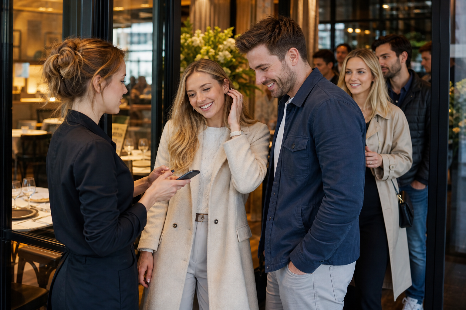 Polscy klienci wybierają popularną restaurację w Warszawie, sprawdzając rezerwację w telefonie.