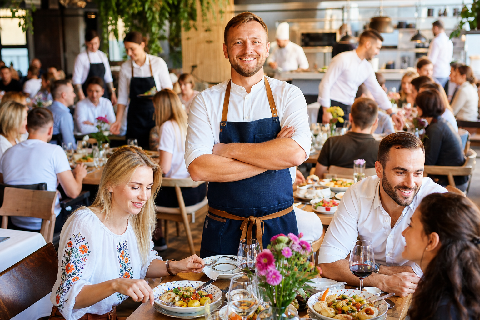 Dumny właściciel w pełnej warszawskiej restauracji świętuje sukces lokalu.