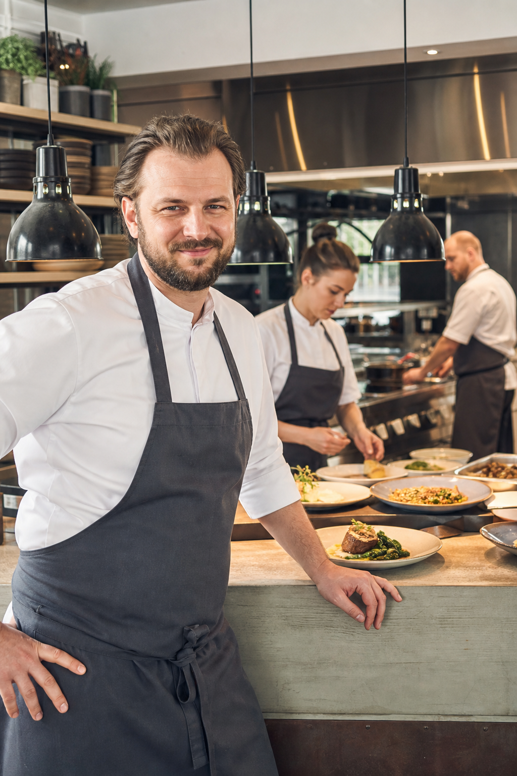 Pewny siebie właściciel restauracji w Warszawie w kuchni przy gotowych daniach.