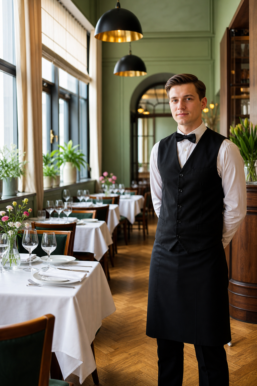 Ładna warszawska restauracja w spokojnym momencie, gotowa na większą liczbę gości.