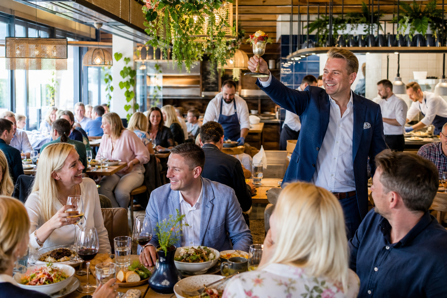 Ruchliwa restauracja w Warszawie symbolizująca wysoką pozycję i popularność.
